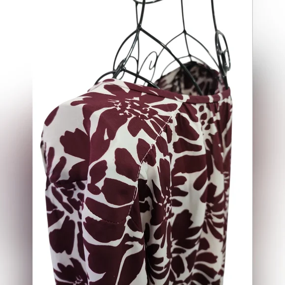 LOFT Floral Blouse Women Sz XL Burgundy Long Sleeve Casual Workwear Preppy Flowy - Picture 8 of 9